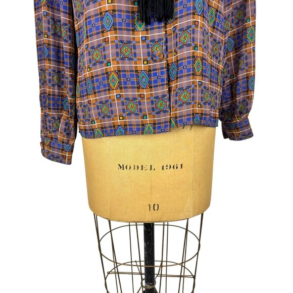 Vintage 80s Southwestern Top Womens M Blue Brown Fringe Necktie Blouse - Picture 7 of 10